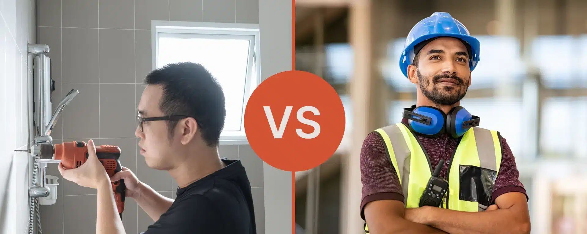 A person doing DIY renovations vs a contractor with arms crossed on the right.