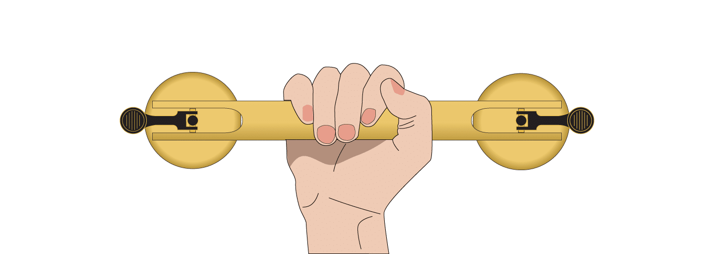 Illustration of a hand holding a suction cup grab bar.
