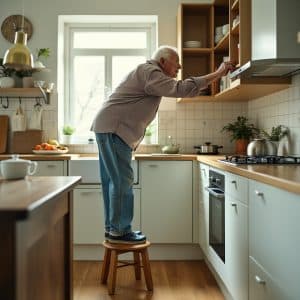 Older man standing on a stool in the kitchen