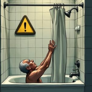 animation of a older adult who has fallen in the tub and reaching for the curtains