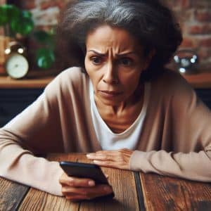 Woman worried looking at her phone