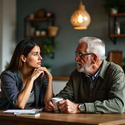 a younger woman listening to an older man